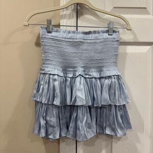 Satin Light Blue Tiered Mini Skirt